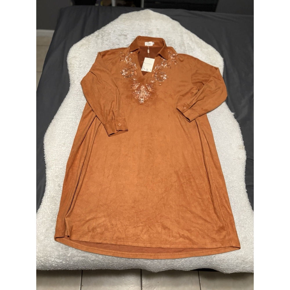 Modesees Faux Suede Dress Large L NWT Rust Orange Embroidered Western Boho Midi
